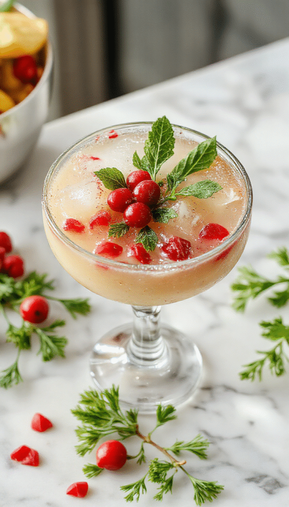 A vibrant margarita glass filled with a bright green cocktail garnished with festive mistletoe-shaped green herbs and a sugared rim. The background features holiday decorations with warm lighting, creating a cheerful and seasonal atmosphere.