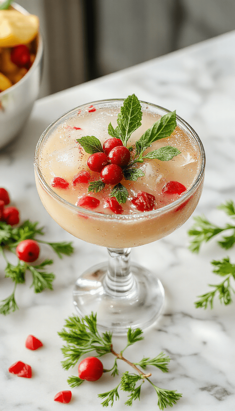 A vibrant margarita glass filled with a bright green cocktail garnished with festive mistletoe-shaped green herbs and a sugared rim. The background features holiday decorations with warm lighting, creating a cheerful and seasonal atmosphere.