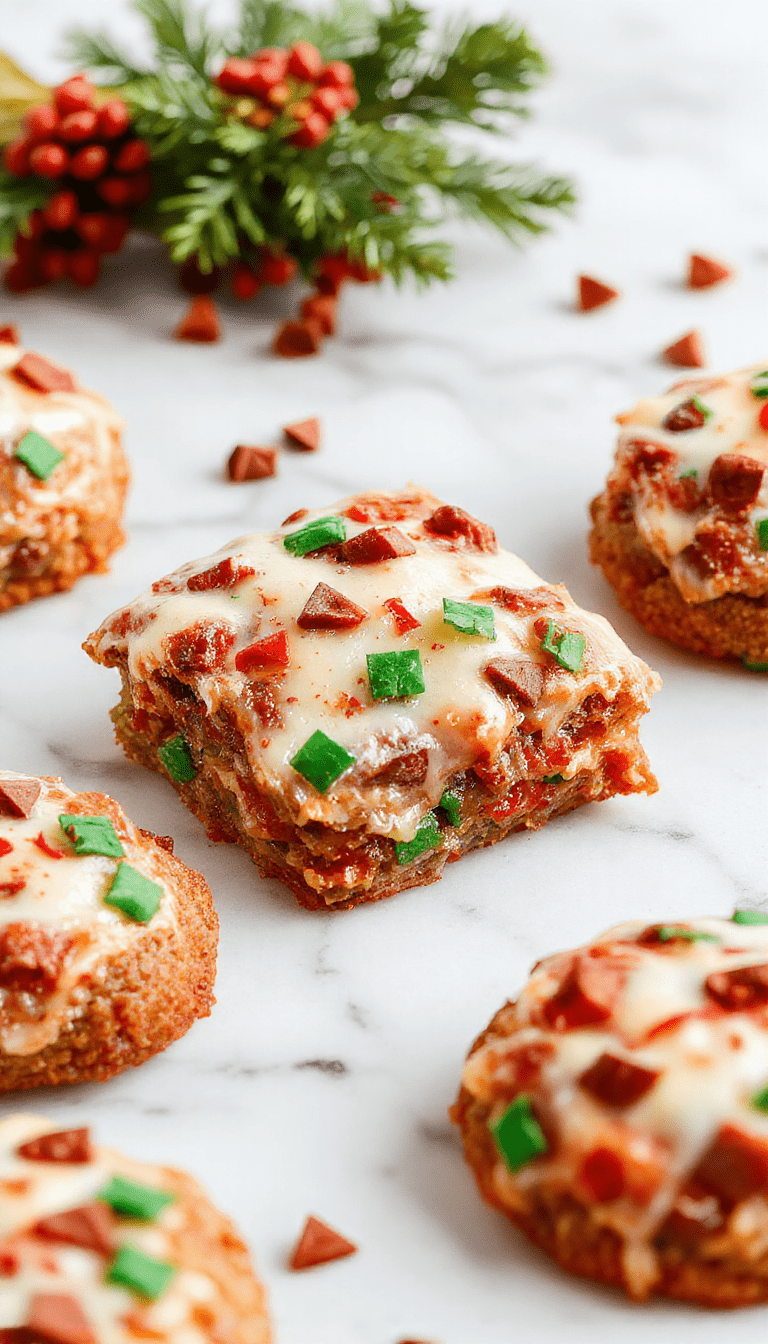 Colorful layered Christmas cookie lasagna on a festive plate with red and green sprinkles, creamy textures, and holiday-themed decorations in the background.