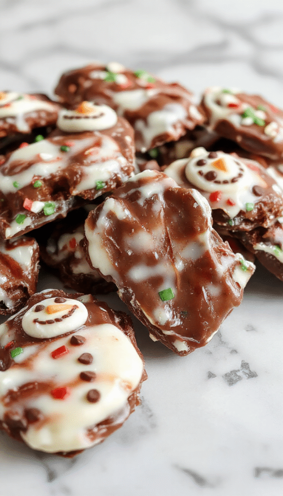 Colorful Christmas-themed chocolate bark arranged on a festive plate with snowman shapes made of white and dark chocolate, decorated with sprinkles and icing, set against a holiday backdrop with pine branches and ornaments.