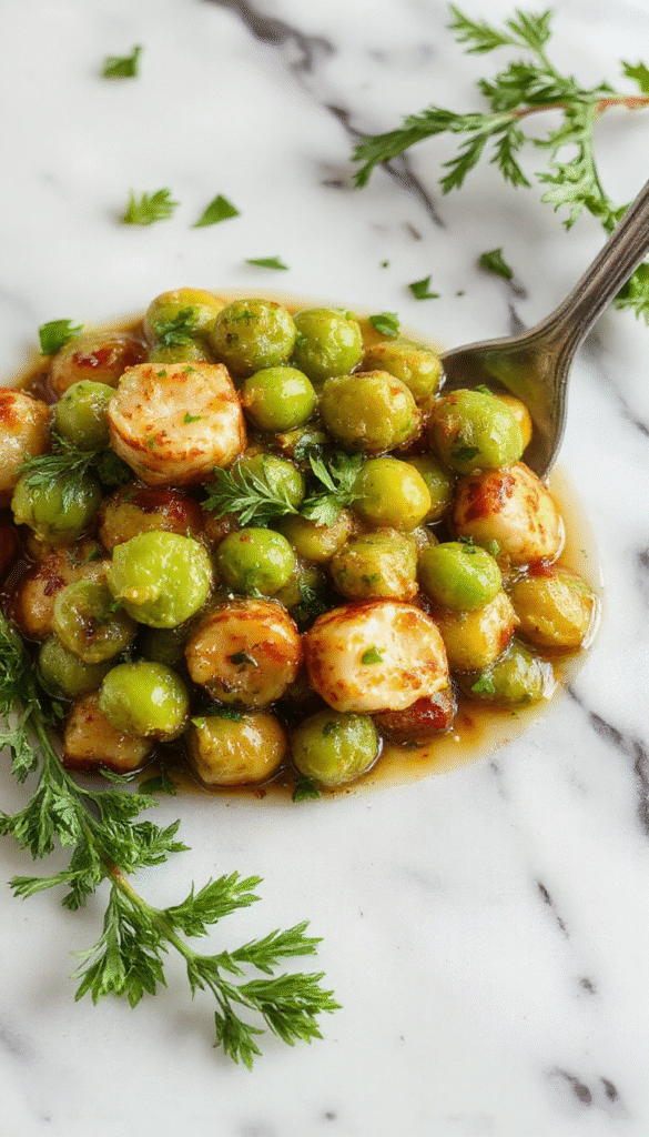 A vibrant bowl of cooked green peas garnished with fresh herbs and a drizzle of olive oil, arranged beautifully on a rustic white plate with a holiday-themed table setting, featuring warm lighting and autumn accents.