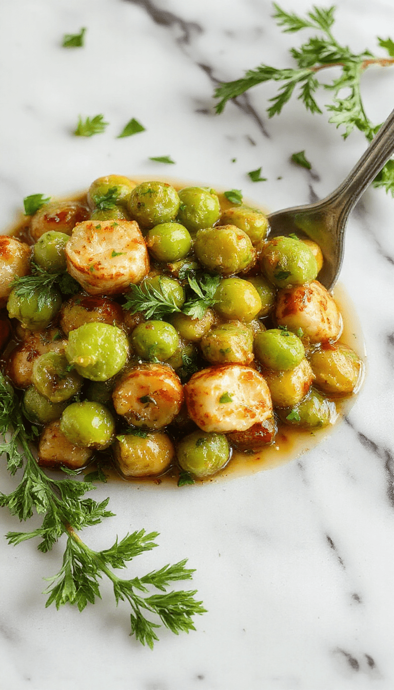 A vibrant bowl of cooked green peas garnished with fresh herbs and a drizzle of olive oil, arranged beautifully on a rustic white plate with a holiday-themed table setting, featuring warm lighting and autumn accents.