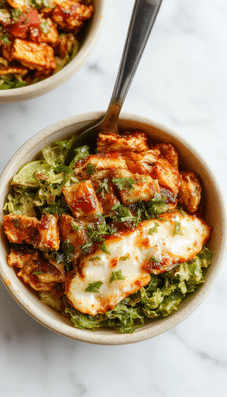 A vibrant chicken burrito bowl featuring seasoned grilled chicken, colorful diced tomatoes, fresh lettuce, creamy cheese, and crispy tortilla strips arranged in a rustic bowl, garnished with lime wedges and fresh cilantro, showcasing a mix of textures and bright colors.