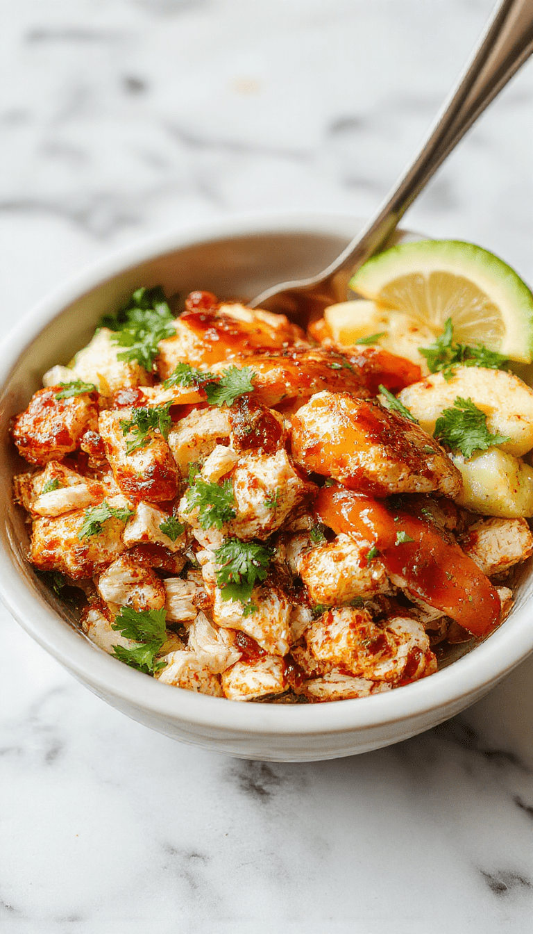 Colorful chicken burrito bowl featuring grilled chicken pieces, vibrant diced tomatoes, black beans, shredded lettuce, and creamy avocado slices arranged neatly in a white ceramic bowl on a rustic wooden table, garnished with fresh cilantro and a squeeze of lime, showcasing a mix of textures and bright colors.