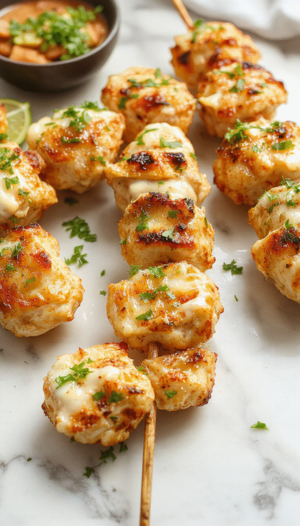 Colorful chicken skewers grilled to perfection with golden-brown exterior, topped with fresh chopped parsley and drizzled with creamy ranch sauce. The skewers are arranged on a rustic wooden platter, surrounded by lemon wedges and herbs, showcasing a vibrant mix of textures and herbs, with a backdrop of smoky grill marks and a bright, inviting outdoor setting.