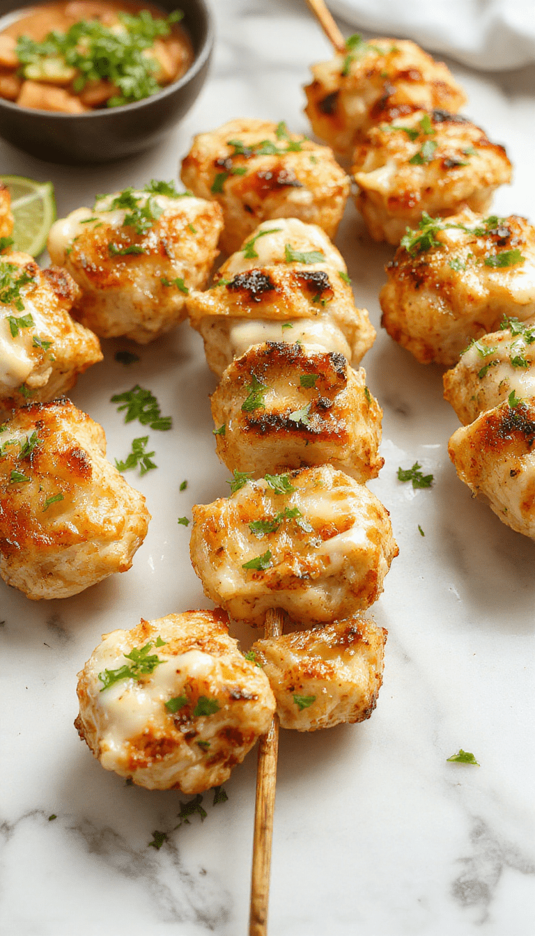 Colorful chicken skewers grilled to perfection with golden-brown exterior, topped with fresh chopped parsley and drizzled with creamy ranch sauce. The skewers are arranged on a rustic wooden platter, surrounded by lemon wedges and herbs, showcasing a vibrant mix of textures and herbs, with a backdrop of smoky grill marks and a bright, inviting outdoor setting.