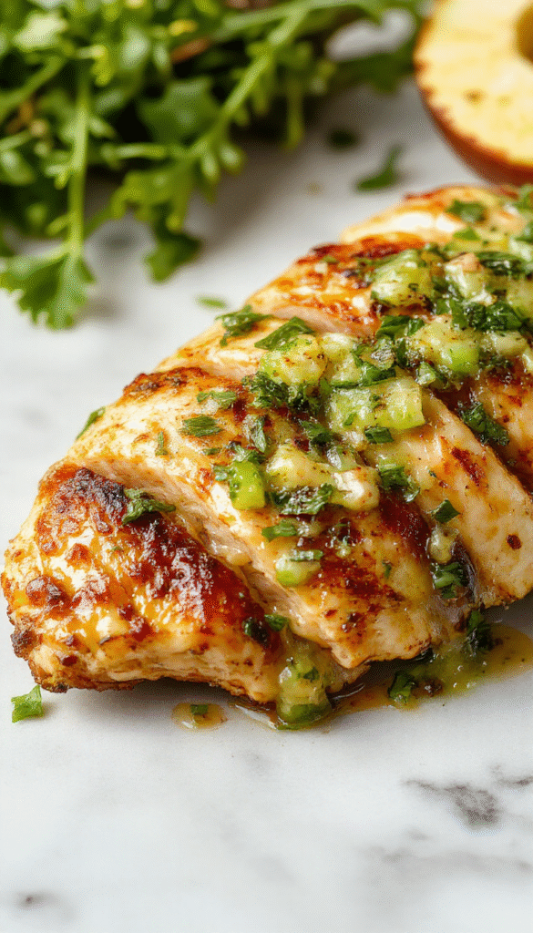 A vibrant plate featuring juicy grilled chicken breasts topped with melted pepper jack cheese and fresh salsa verde. The dish is garnished with chopped cilantro, served on a rustic wooden platter with slices of lime and colorful side vegetables, showcasing a perfect combination of smoky, cheesy, and tangy flavors with crispy char marks and a fresh, inviting presentation.