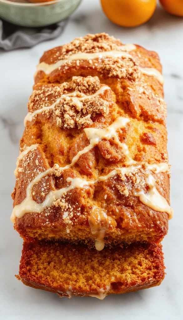 Colorful orange pumpkin bread topped with golden brown streusel and a glossy orange glaze drizzled over the slice. The bread is beautifully sliced, revealing moist, spiced pumpkin crumb inside. It is plated on a rustic wooden board with a few orange slices and streusel crumbs scattered nearby, styled with natural sunlight highlighting the textures and vibrant colors.