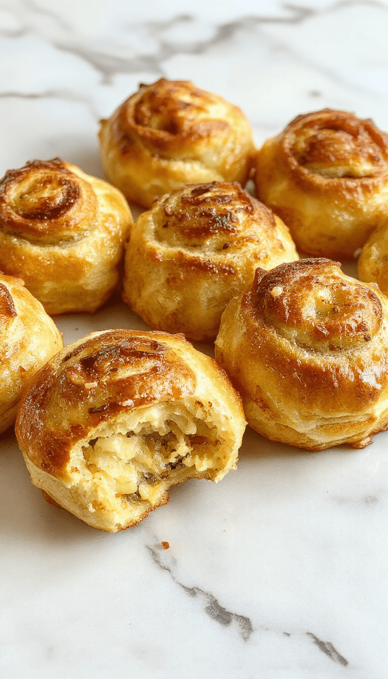 A close-up of fluffy golden-brown breakfast rolls arranged on a rustic wooden platter. The rolls are steaming, with a soft, airy texture visible on the cut side, topped with a light dusting of powdered sugar and garnished with fresh herbs. The background features a cozy kitchen setting with a cup of coffee and a small jar of butter.