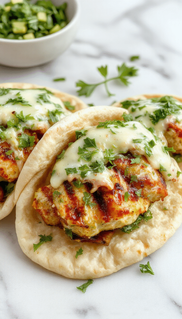 Colorful plate featuring warm pita bread filled with crispy sheet pan chicken, vibrant green herb ranch slaw, and fresh herbs on top, styled for a rustic meal