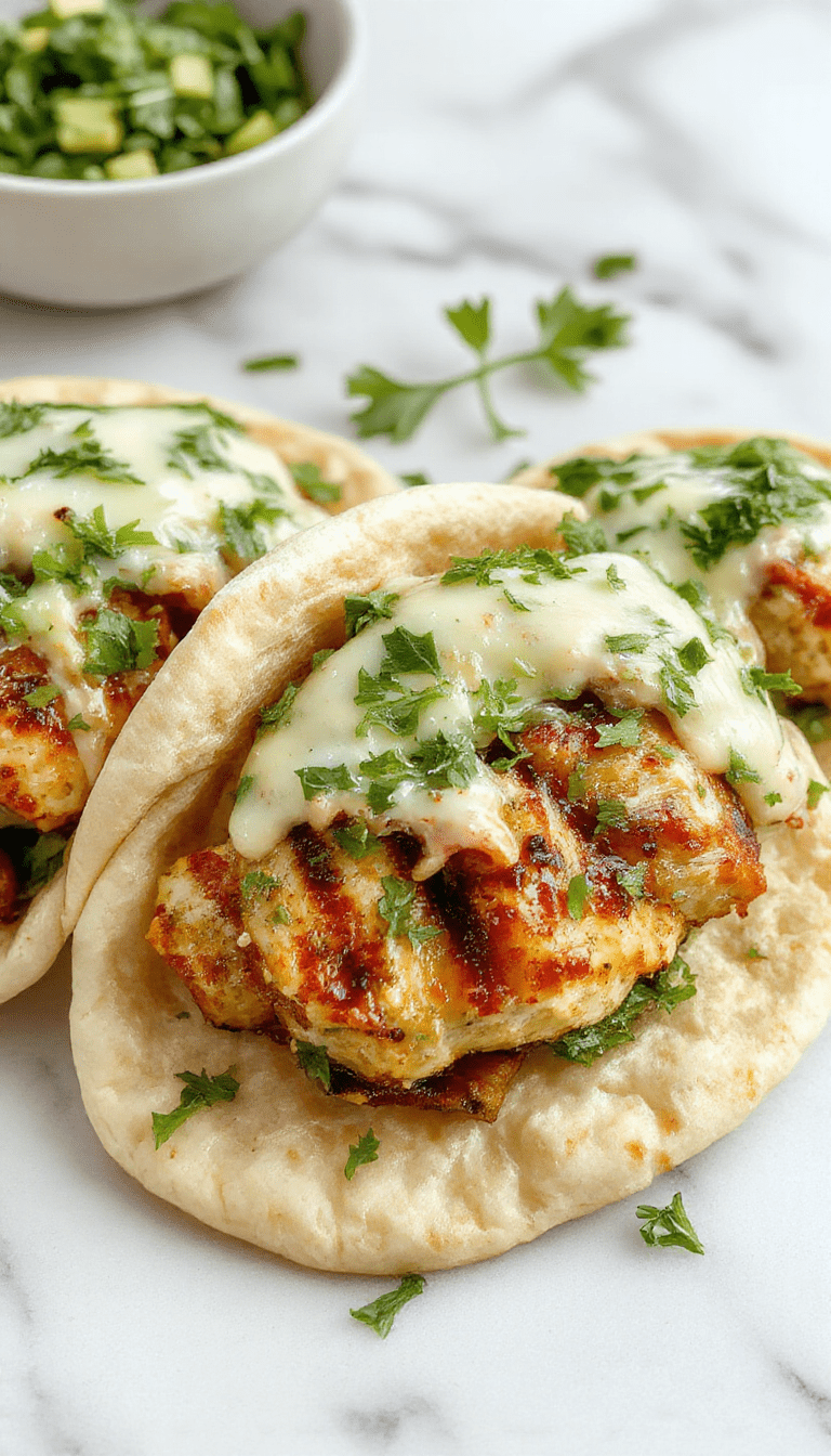 Colorful plate featuring warm pita bread filled with crispy sheet pan chicken, vibrant green herb ranch slaw, and fresh herbs on top, styled for a rustic meal