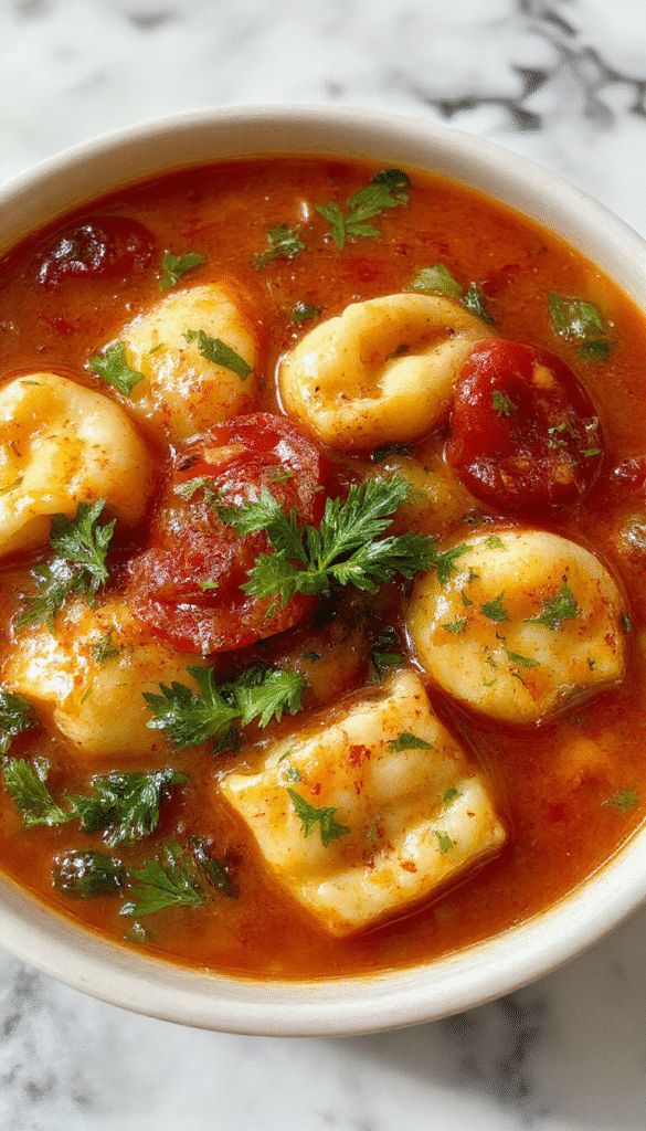 A vibrant bowl of tomato tortellini soup with colorful cherry tomatoes, green herbs, and melted cheese-filled tortellini on a rustic wooden table, garnished with fresh basil and a drizzle of olive oil, capturing a warm and inviting culinary presentation.