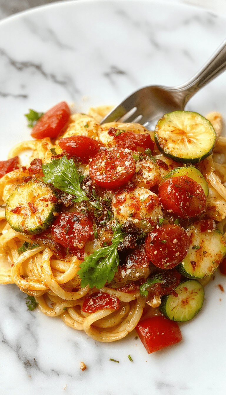 A vibrant plate of tomato zucchini pasta featuring spiralized zucchini noodles topped with chopped ripe red tomatoes, fresh basil leaves, and a light drizzle of olive oil. The dish is presented on a rustic white plate, with a background of colorful cherry tomatoes and a wooden table, emphasizing freshness and healthy eating. The textures of the tender zucchini and juicy tomatoes contrast beautifully with the glossy olive oil coating.