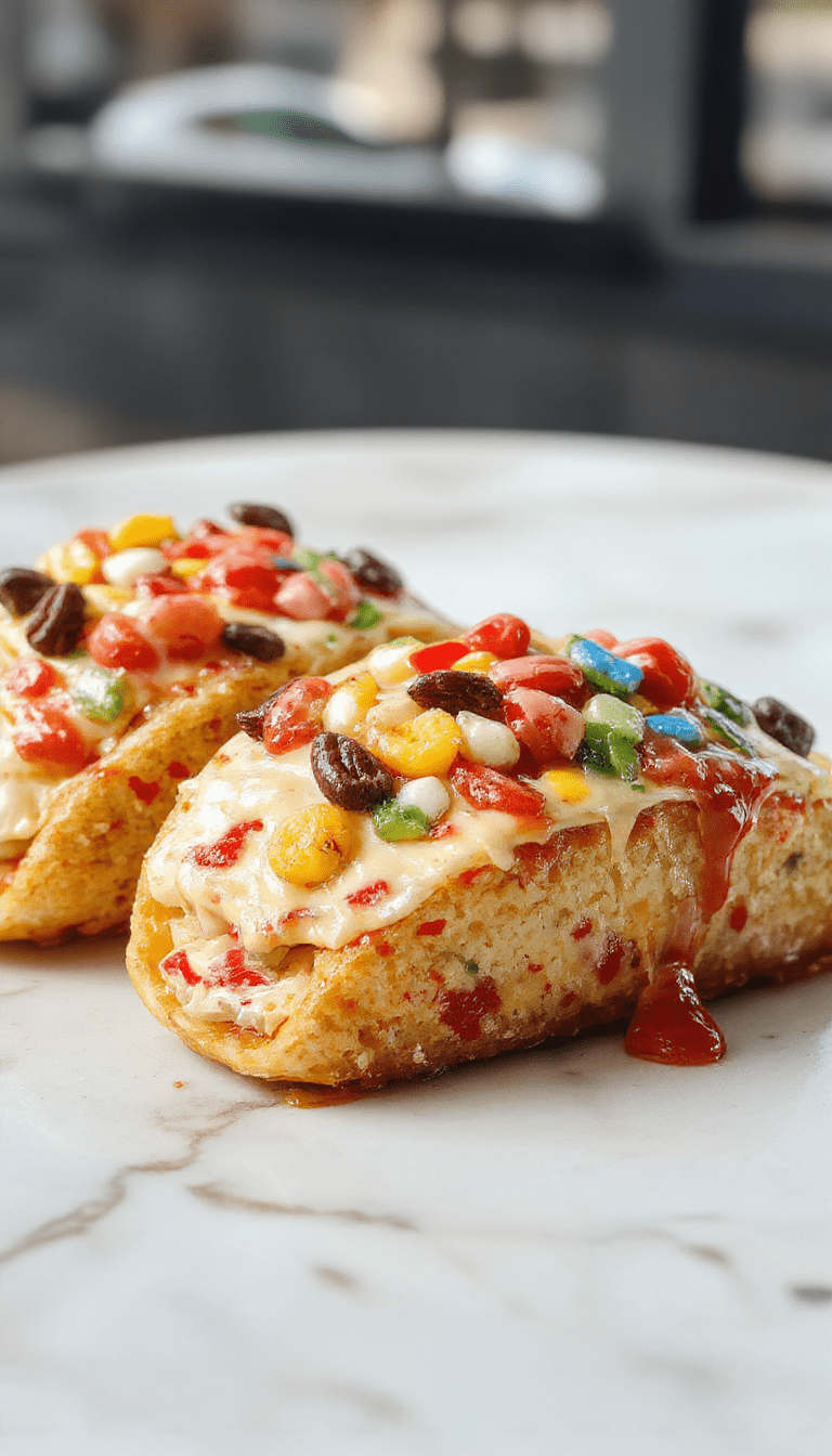 Vibrant colorful Fruity Pebbles topped cheesecake filling inside crispy taco shells arranged on a white platter, garnished with fresh fruit and drizzled with syrup, showcasing bright reds, yellows, blues, and greens with a glossy finish and playful presentation.