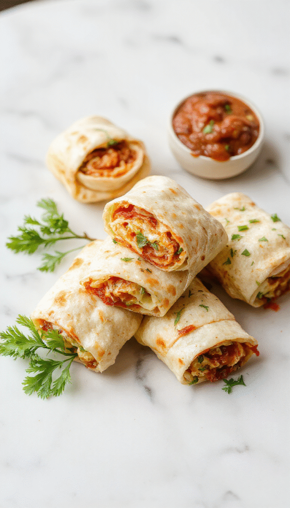 Colorful, neatly arranged tortilla pizza rolls on a white plate with melted cheese, tomato sauce, and toppings visible. The rolls are golden brown with crispy edges, garnished with fresh herbs. The background features a bright kitchen counter with ingredients like tomato slices and shredded cheese, styled to evoke a fun, kid-friendly mealtime.