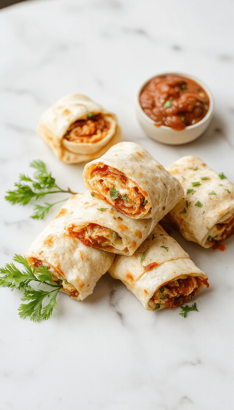 Colorful, neatly arranged tortilla pizza rolls on a white plate with melted cheese, tomato sauce, and toppings visible. The rolls are golden brown with crispy edges, garnished with fresh herbs. The background features a bright kitchen counter with ingredients like tomato slices and shredded cheese, styled to evoke a fun, kid-friendly mealtime.