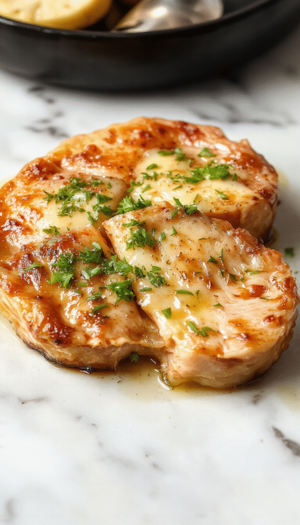 Golden-brown garlic butter pan seared pork chops arranged on a white plate, garnished with fresh herbs. The pork has a crispy crust with juicy interior visible through slight cuts, surrounded by melted garlic butter sauce, with a rustic wooden background and vibrant green herbs adding color and freshness.