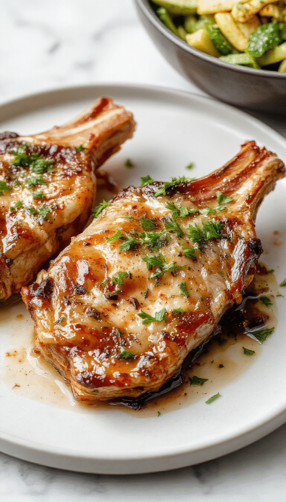 A close-up of golden-brown pork chops seared in a skillet with a glossy garlic butter sauce, garnished with fresh herbs, served on a rustic wooden board with a side of roasted vegetables, vibrant colors, crispy textures, and a drizzle of melted butter highlighting the dish's succulent appeal.
