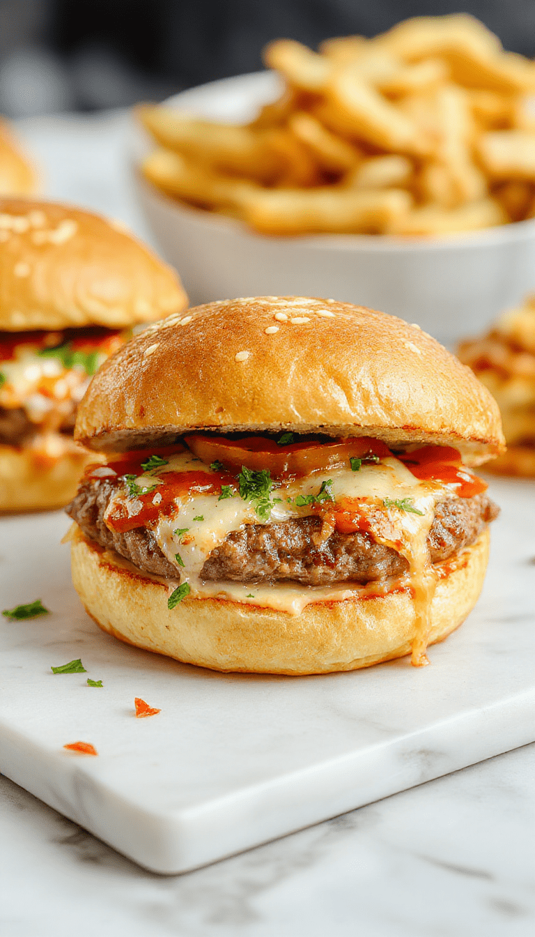 A close-up of golden-brown cheeseburger bombs topped with melted cheese and sprinkled with chopped parsley, arranged on a rustic wooden platter with fresh ingredients and dipping sauces around.