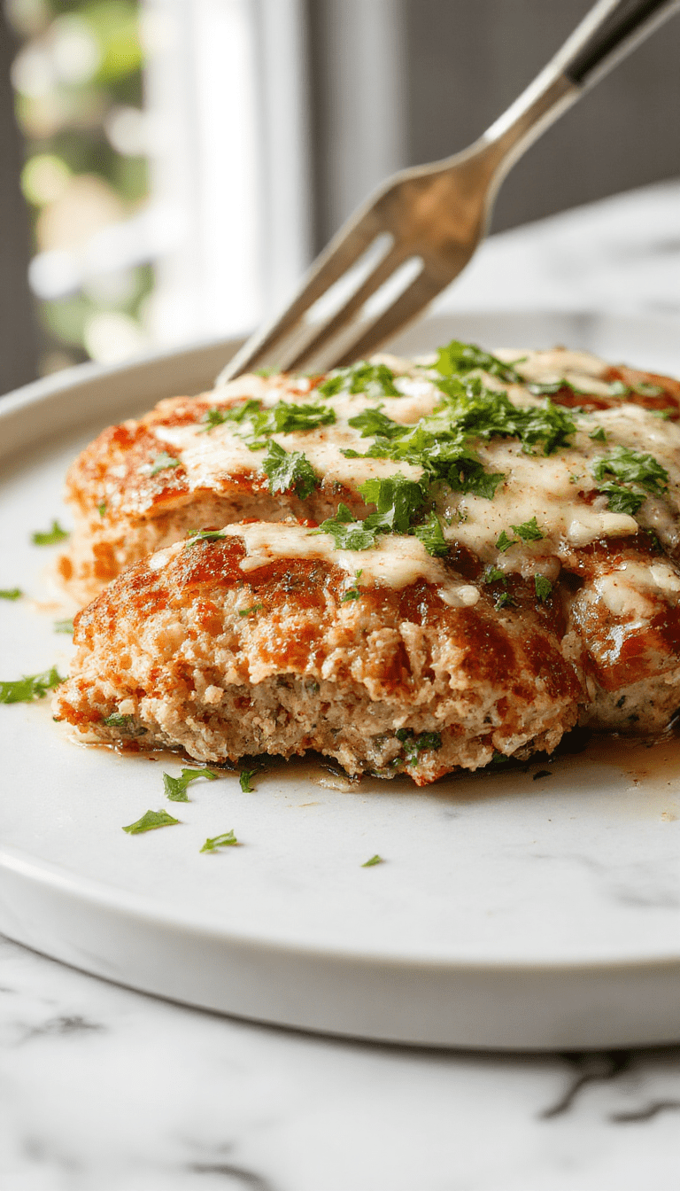 A golden-brown chicken meatloaf glazed with melted Parmesan cheese and topped with finely chopped parsley, sliced to reveal a moist interior with garlic seasoning, presented on a rustic wooden board with fresh herbs and a side of roasted vegetables, styled beautifully with a clean white background.