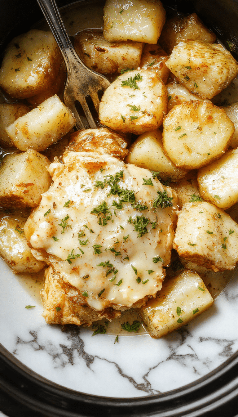 A hearty serving of golden-brown shredded chicken and crispy potatoes coated in a creamy garlic Parmesan sauce, garnished with fresh parsley on a rustic white plate, styled on a wooden table with a soft-focus background.
