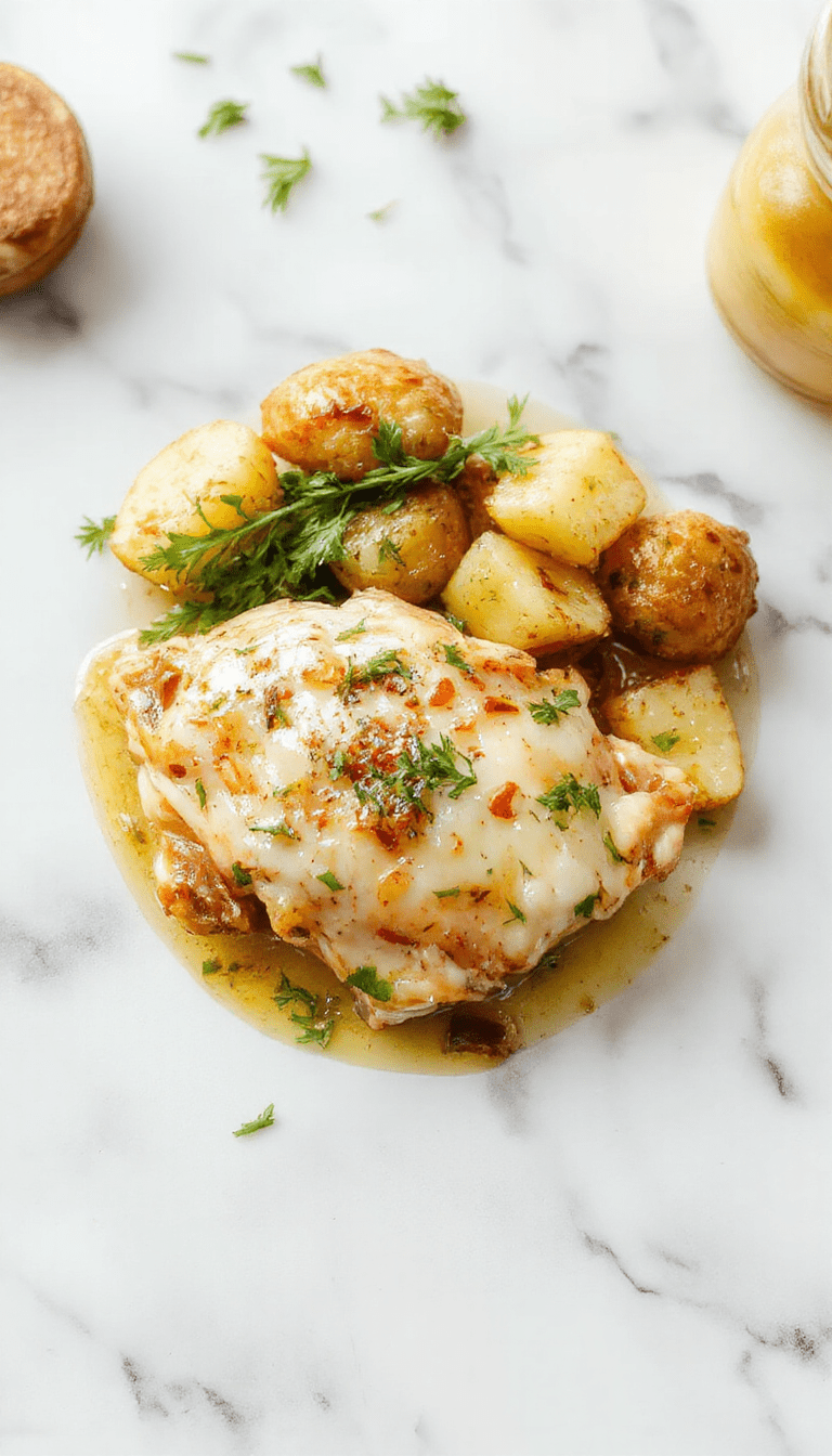 A rustic white bowl filled with tender, golden-brown shredded chicken coated in a creamy garlic parmesan sauce, accompanied by crispy roasted potato wedges, garnished with fresh parsley, and served on a wooden table with a soft-focus background.