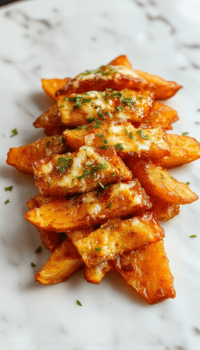 Colorful image of golden-brown garlic Parmesan sweet potato wedges arranged on a rustic white plate, garnished with fresh parsley and grated Parmesan cheese. The wedges have a crispy textured exterior with visible garlic and Parmesan seasoning. The background features a wooden table with a scattering of extra wedges and fresh herbs, styled for an inviting, savory presentation.