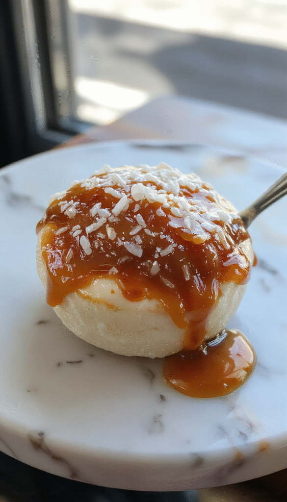 A luscious salted caramel dessert with a glossy caramel glaze poured over a fluffy, buttery base in an elegant glass dish, garnished with sea salt and a sprinkle of gold flakes, styled on a rustic wooden surface with caramel sauce drizzled artistically.