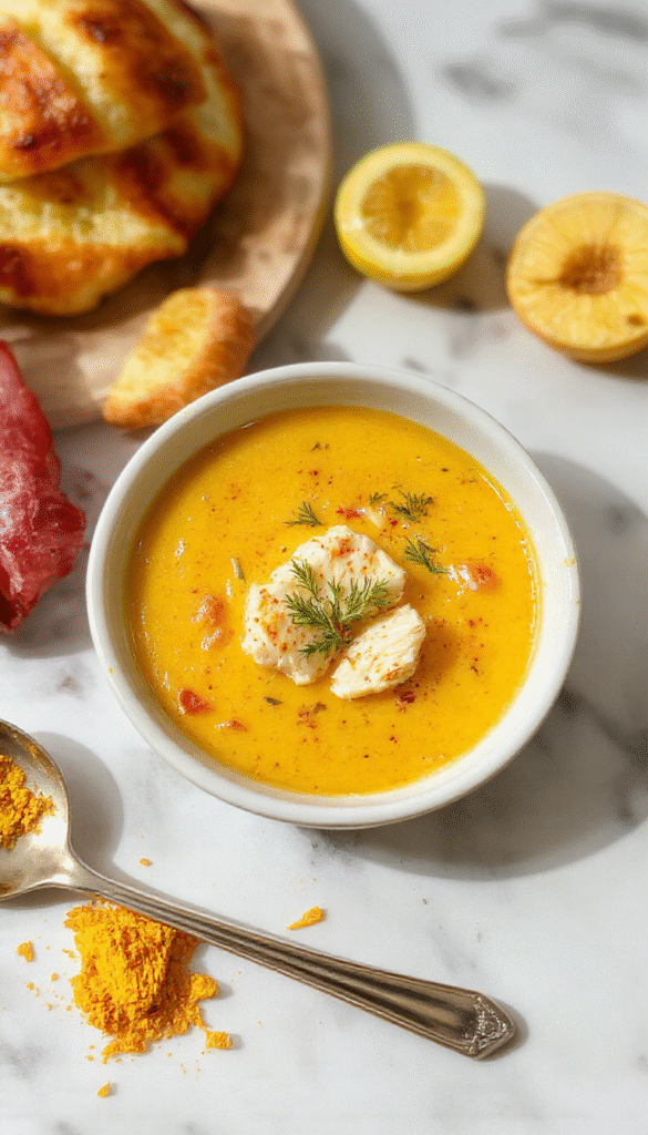 A steaming bowl of golden yellow turmeric chicken soup garnished with fresh herbs, served on a rustic wooden table with slices of lemon and vibrant vegetables, showcasing a rich, hearty texture and inviting warm atmosphere.