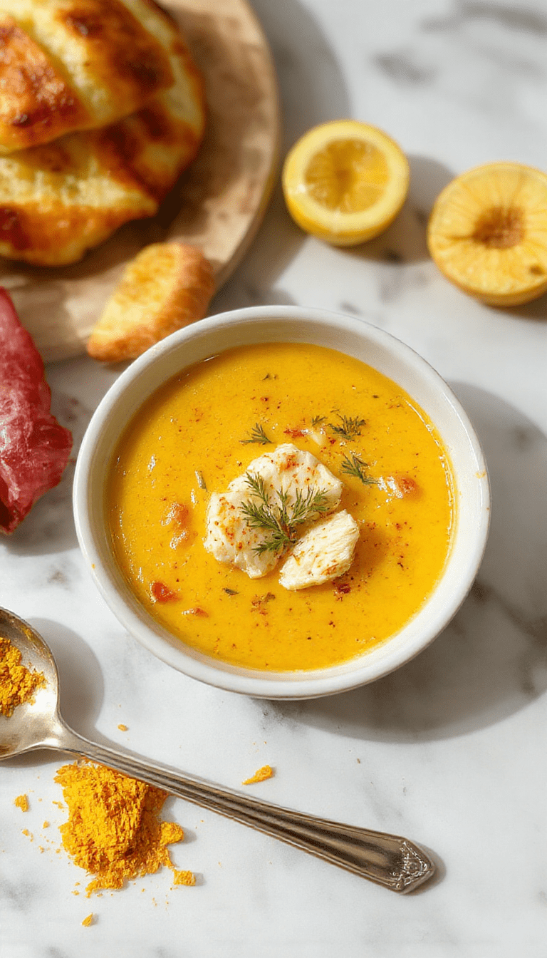 A steaming bowl of golden yellow turmeric chicken soup garnished with fresh herbs, served on a rustic wooden table with slices of lemon and vibrant vegetables, showcasing a rich, hearty texture and inviting warm atmosphere.
