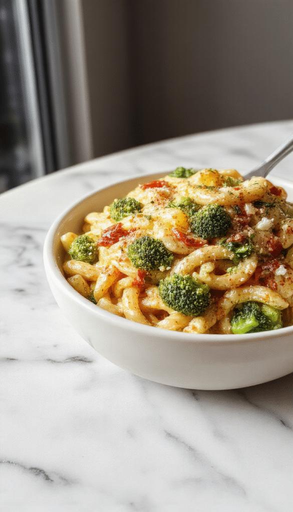 A vibrant plate of healthy broccoli pasta featuring bright green broccoli florets atop al dente spaghetti, drizzled with olive oil and sprinkled with parmesan cheese, topped with fresh herbs. The creamy sauce complements the crunchy textures and colorful presentation, served on a rustic wooden table with a blurred background of fresh ingredients.