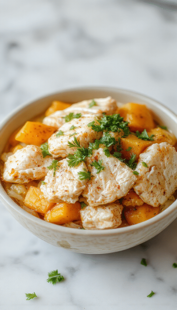 A colorful and appetizing rice bowl featuring tender grilled chicken slices, roasted sweet potato cubes, fluffy white rice, vibrant green spinach, and a drizzle of sauce, all neatly arranged in a white ceramic bowl with a fresh herb garnish, styled on a rustic wooden table with natural lighting highlighting textures and colors.