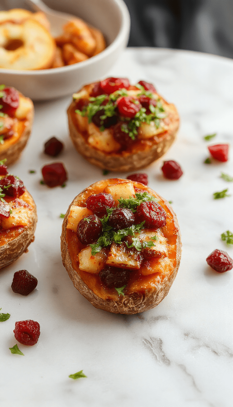 Colorful close-up of a serving of twice-baked sweet potatoes topped with vibrant cranberries and crisp apple slices, garnished with a sprinkle of herbs. The dish sits on a rustic wooden plate, showcasing the warm orange interior contrasting with the bright red cranberries and green apple slices, styled with a natural, inviting atmosphere.