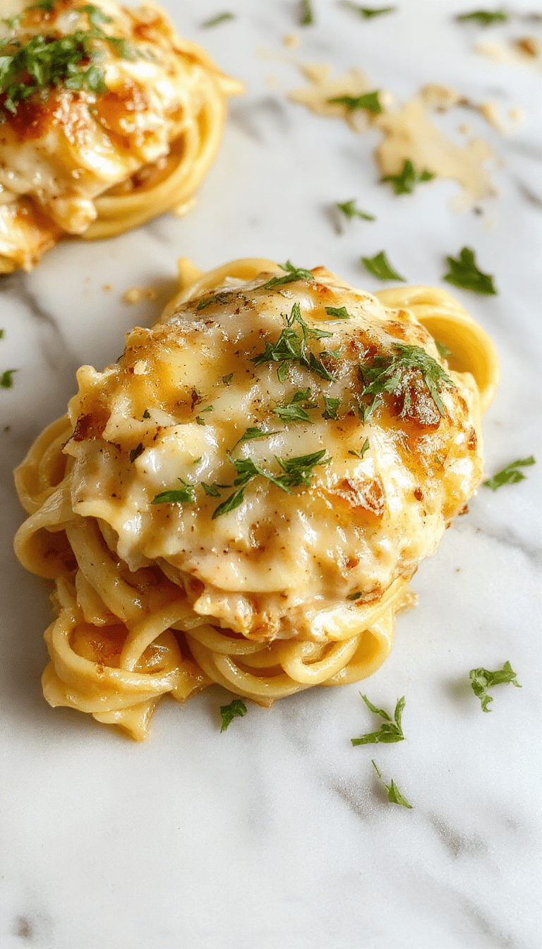 A vibrant plate of garlic parmesan chicken pasta features tender, sliced chicken coated in creamy garlic sauce, sprinkled with Parmesan cheese, served over cooked pasta with fresh parsley, all on a rustic wooden table with a fork and lemon wedge for garnish.