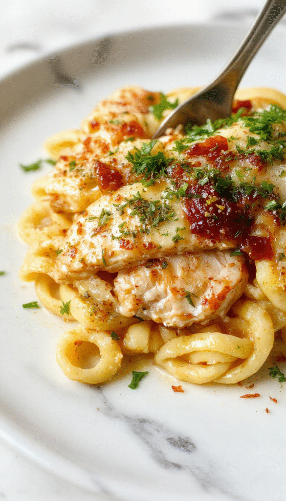 A vibrant plate of garlic Parmesan chicken pasta with tender grilled chicken slices garnished with fresh parsley, topped with melted Parmesan cheese, served on a white ceramic plate with a side of cherry tomatoes and chopped basil. The rich creamy sauce coats the al dente pasta, and the scene features natural lighting highlighting the textures and colors of the ingredients.