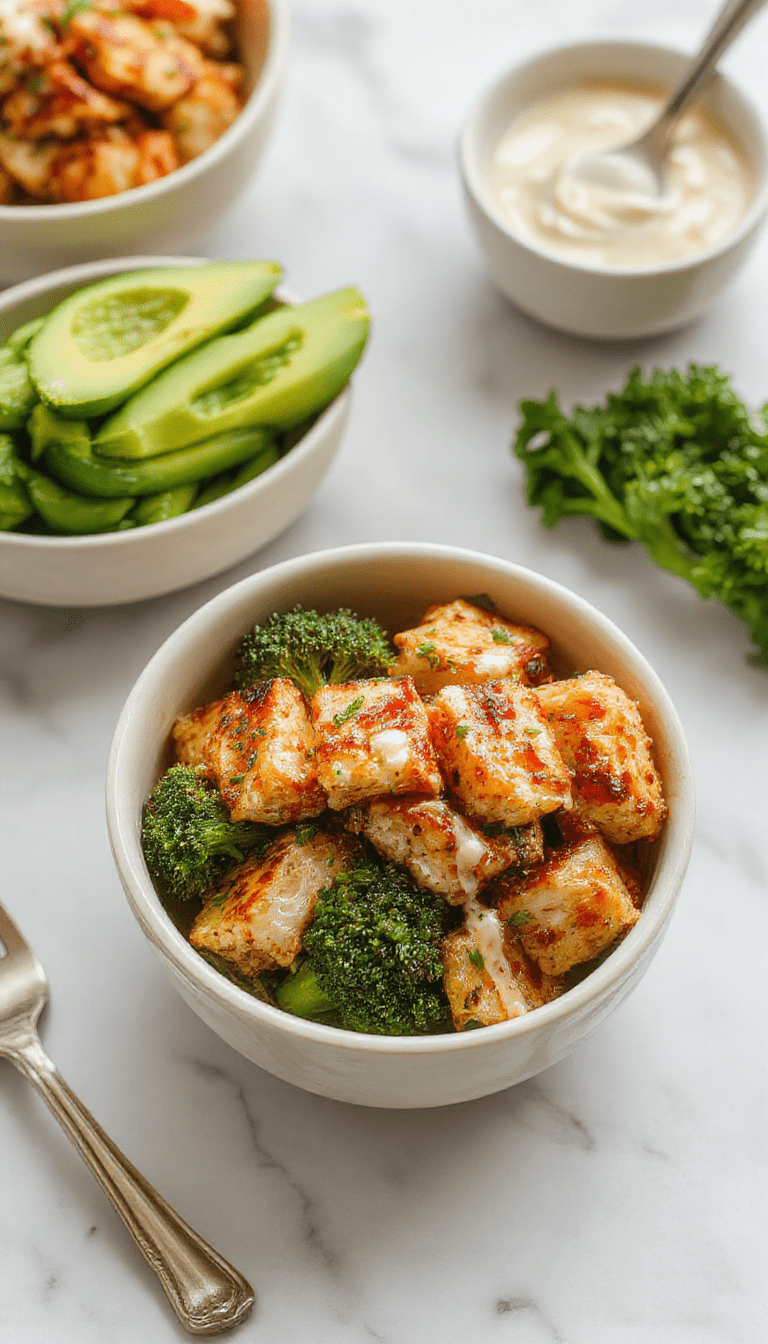 Colorful grilled chicken and vibrant green broccoli arranged in a bowl, topped with a creamy garlic sauce, garnished with fresh herbs, and served on a rustic wooden table with a side of lemon wedges and chopped parsley