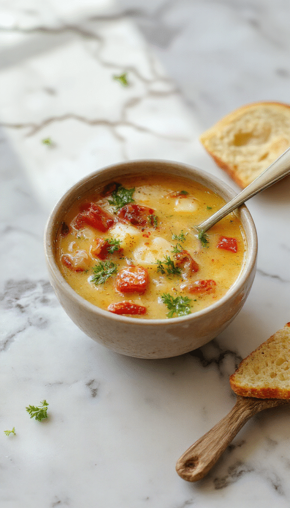 A vibrant bowl of Italian Penicillin Soup featuring a rich, creamy broth with chunks of tender chicken, colorful vegetables, and herbs, served in a rustic white bowl on a wooden table with fresh bread and herbs in the background, steam rising to showcase its warmth and comforting appeal.
