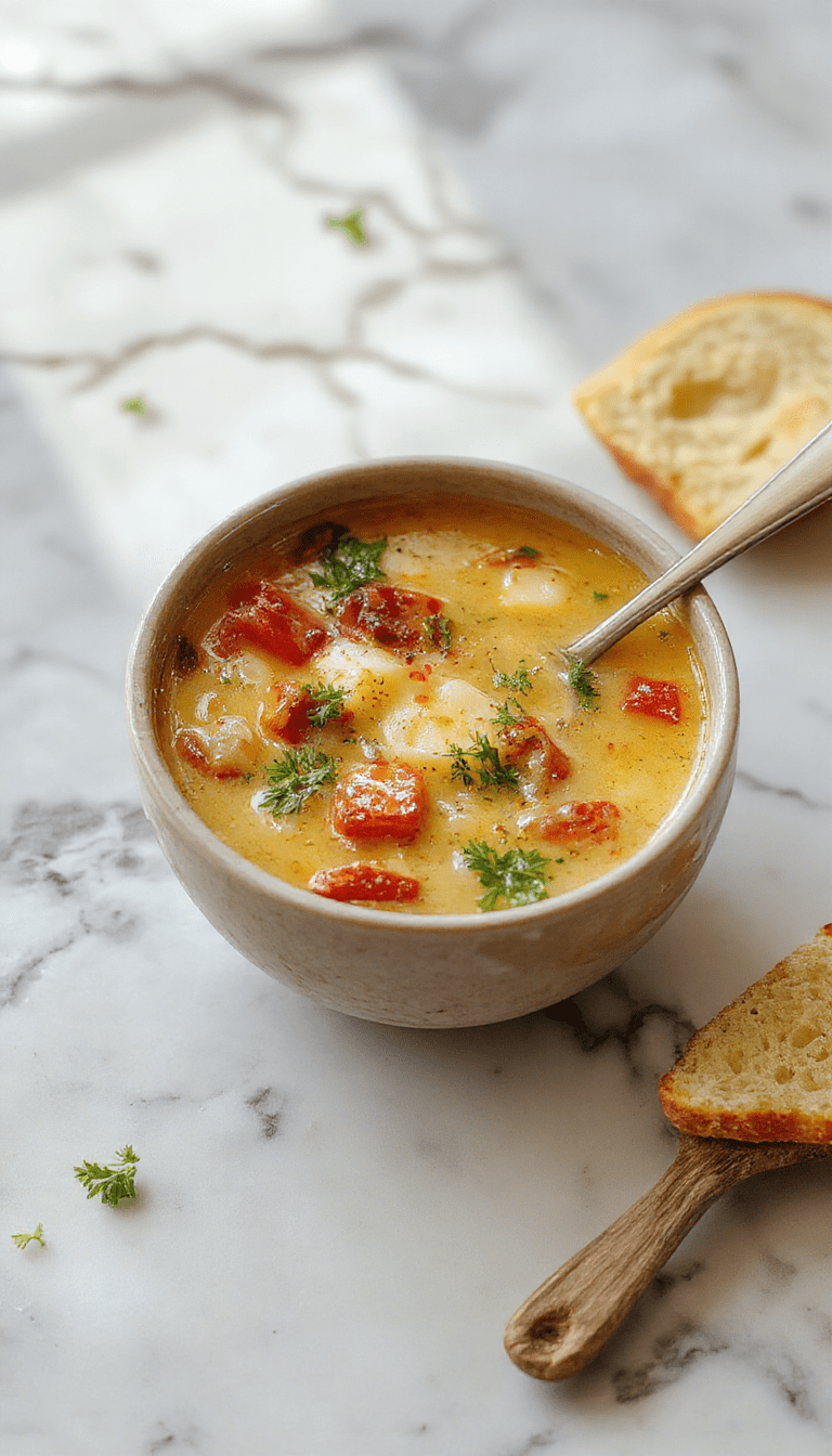 A vibrant bowl of Italian Penicillin Soup featuring a rich, creamy broth with chunks of tender chicken, colorful vegetables, and herbs, served in a rustic white bowl on a wooden table with fresh bread and herbs in the background, steam rising to showcase its warmth and comforting appeal.