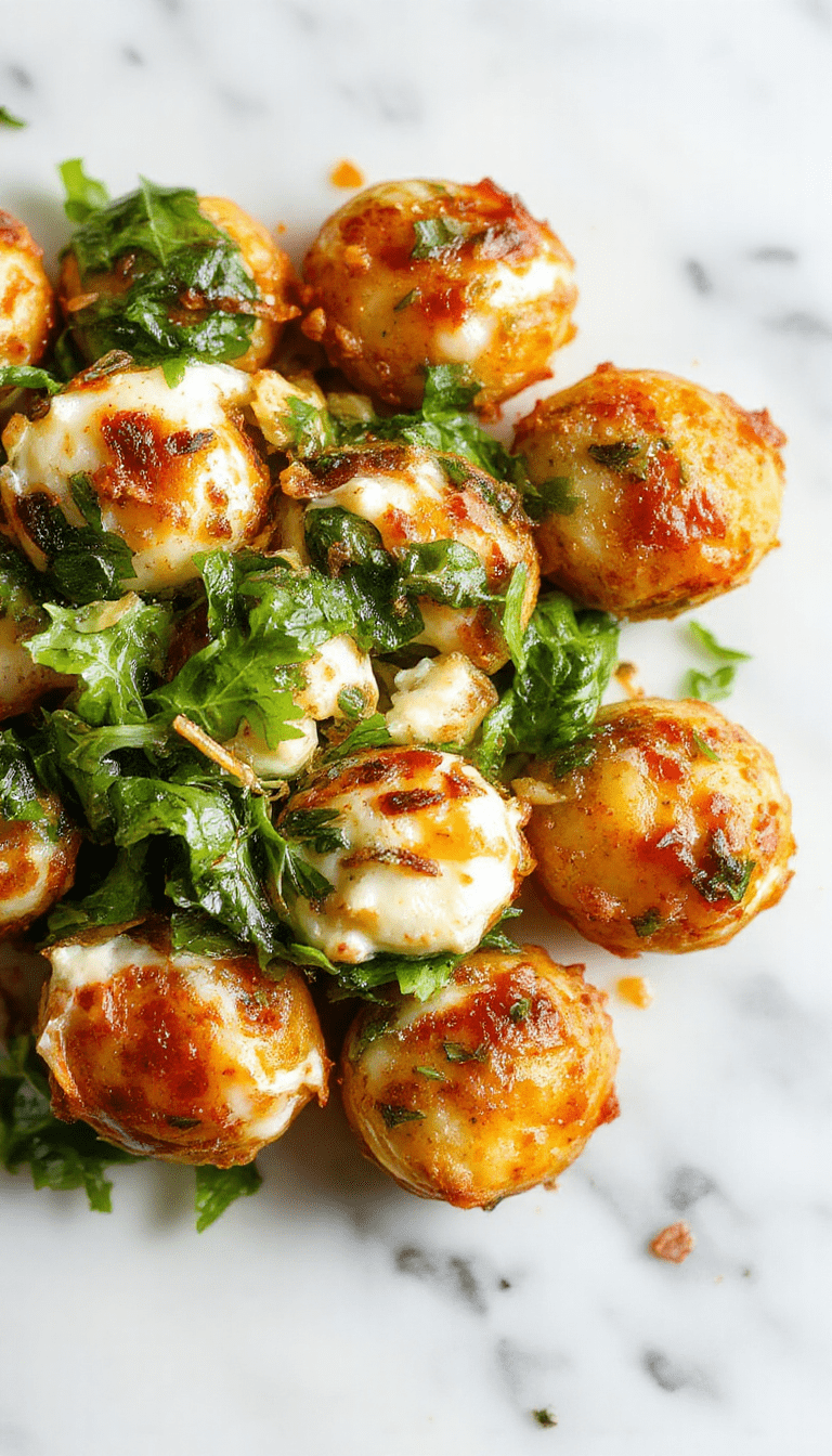 A vibrant white plate featuring cheesy stuffed shells topped with bright green spinach and creamy ricotta, garnished with fresh herbs, set against a rustic wooden backdrop with a fork ready to dive in.