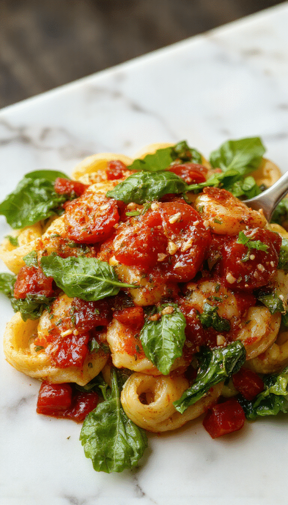 A vibrant plate of spinach and cherry tomatoes pasta featuring fresh green spinach leaves, bright red cherry tomatoes, tender pasta, sprinkled with grated cheese, served on a rustic white plate with a fork, showcasing a colorful and appetizing dish.