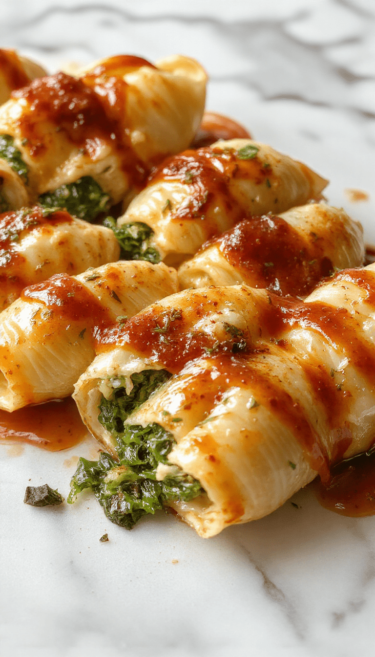 Colorful close-up of baked spinach and ricotta stuffed shells on a rustic white plate, topped with melted cheese and fresh herbs, with a side of salad and a fork. The shells are golden brown, creamy ricotta filling peeks through, and vibrant green spinach adds contrast, styled on a wooden table with natural lighting.