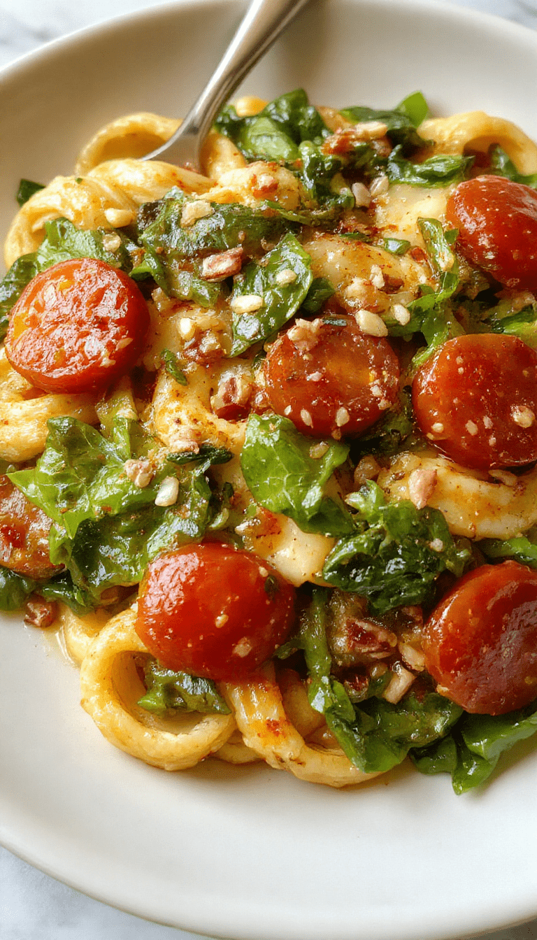 A vibrant plate of spinach tomato pasta featuring fresh green spinach leaves and ripe red tomatoes coated in a glossy olive oil-based sauce, garnished with grated cheese and basil, beautifully plated on a white ceramic dish, set against a rustic wooden table with scattered cherry tomatoes and spinach leaves, showcasing a colorful, fresh, and inviting culinary presentation.