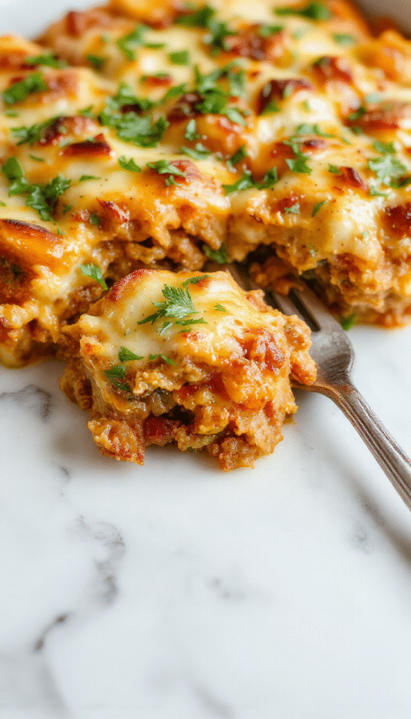 A colorful baked casserole featuring golden roasted sweet potato chunks topped with ground turkey browned to perfection, garnished with fresh herbs, served in a rustic white dish on a wooden table, with a side of green vegetables, highlighting textures and vibrant colors.
