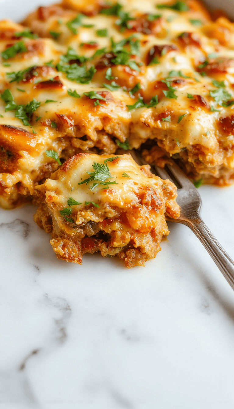 A colorful baked casserole featuring golden roasted sweet potato chunks topped with ground turkey browned to perfection, garnished with fresh herbs, served in a rustic white dish on a wooden table, with a side of green vegetables, highlighting textures and vibrant colors.