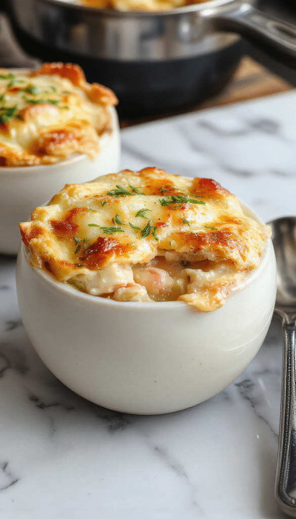 A creamy chicken pot pie soup served in a rustic bowl, topped with golden flaky pastry crumbles and fresh herbs, surrounded by cooked chicken, vegetables, and a rich broth with a smooth and inviting texture.
