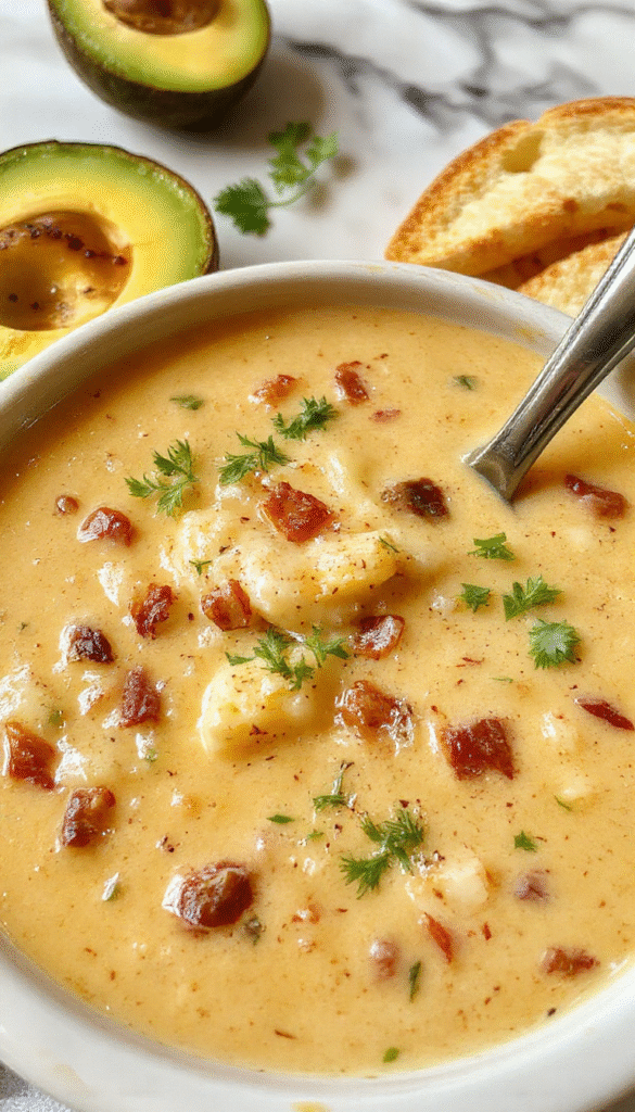 A vibrant bowl of creamy cowboy soup garnished with chopped green onions and shredded cheese, set on a rustic wooden table with fresh ingredients like corn, potatoes, and shredded chicken visible around.