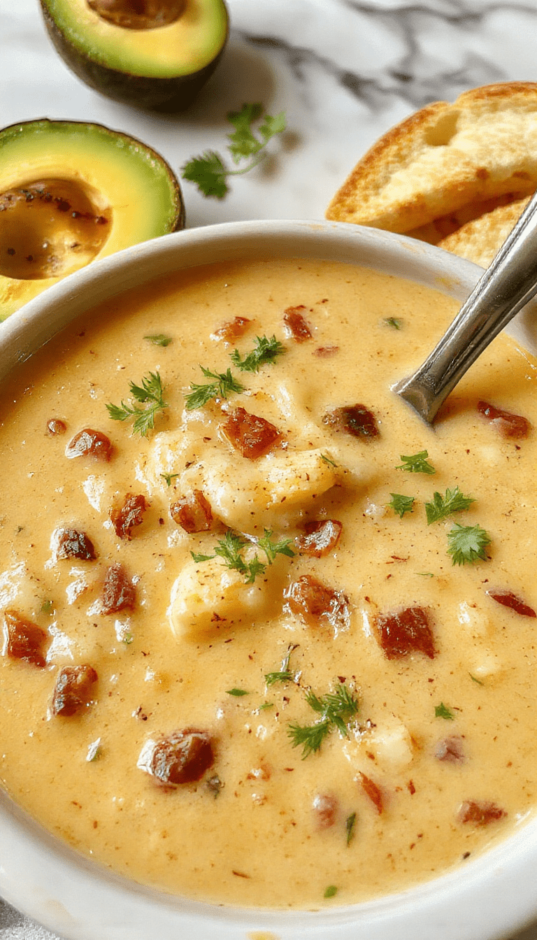 A vibrant bowl of creamy cowboy soup garnished with chopped green onions and shredded cheese, set on a rustic wooden table with fresh ingredients like corn, potatoes, and shredded chicken visible around.