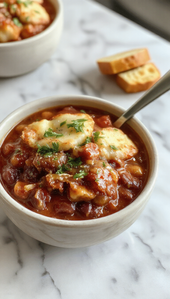 A vibrant bowl of American Goulash showcasing a hearty mixture of ground beef, tender macaroni pasta, and rich tomato sauce, topped with a sprinkle of shredded cheese, garnished with fresh herbs, and served in a rustic ceramic dish on a wooden table.