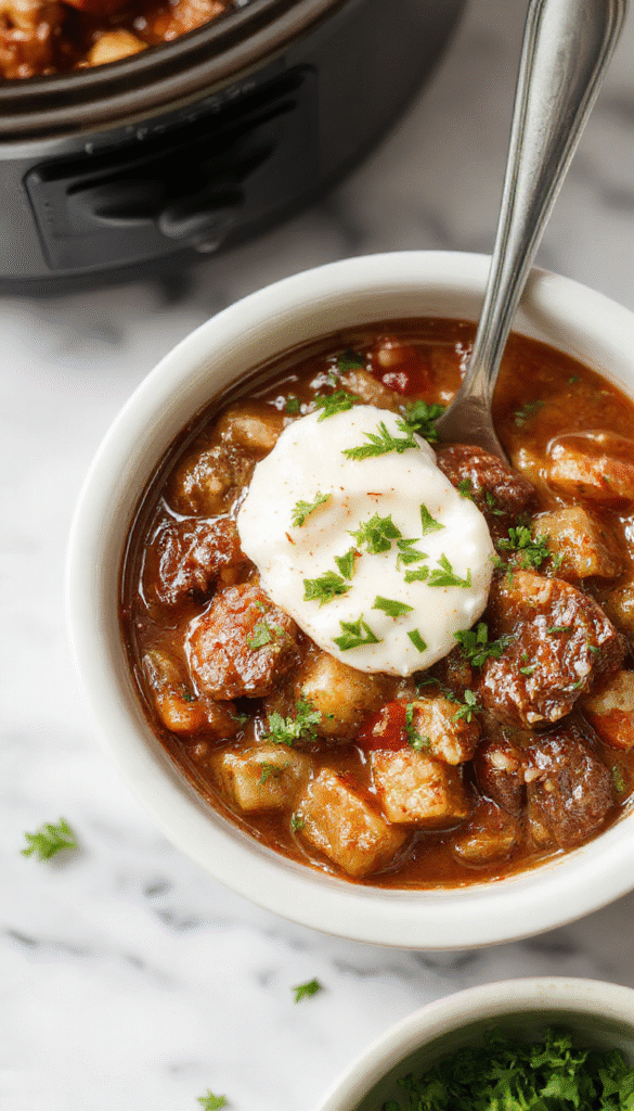 A colorful plate of thick American Goulash served in a rustic bowl. The dish showcases tender ground beef, elbow macaroni, and diced tomatoes in a rich, savory sauce. Garnished with fresh chopped parsley, the goulash has a hearty texture with a glossy finish, styled on a wooden table with slices of crusty bread and a side of green salad.