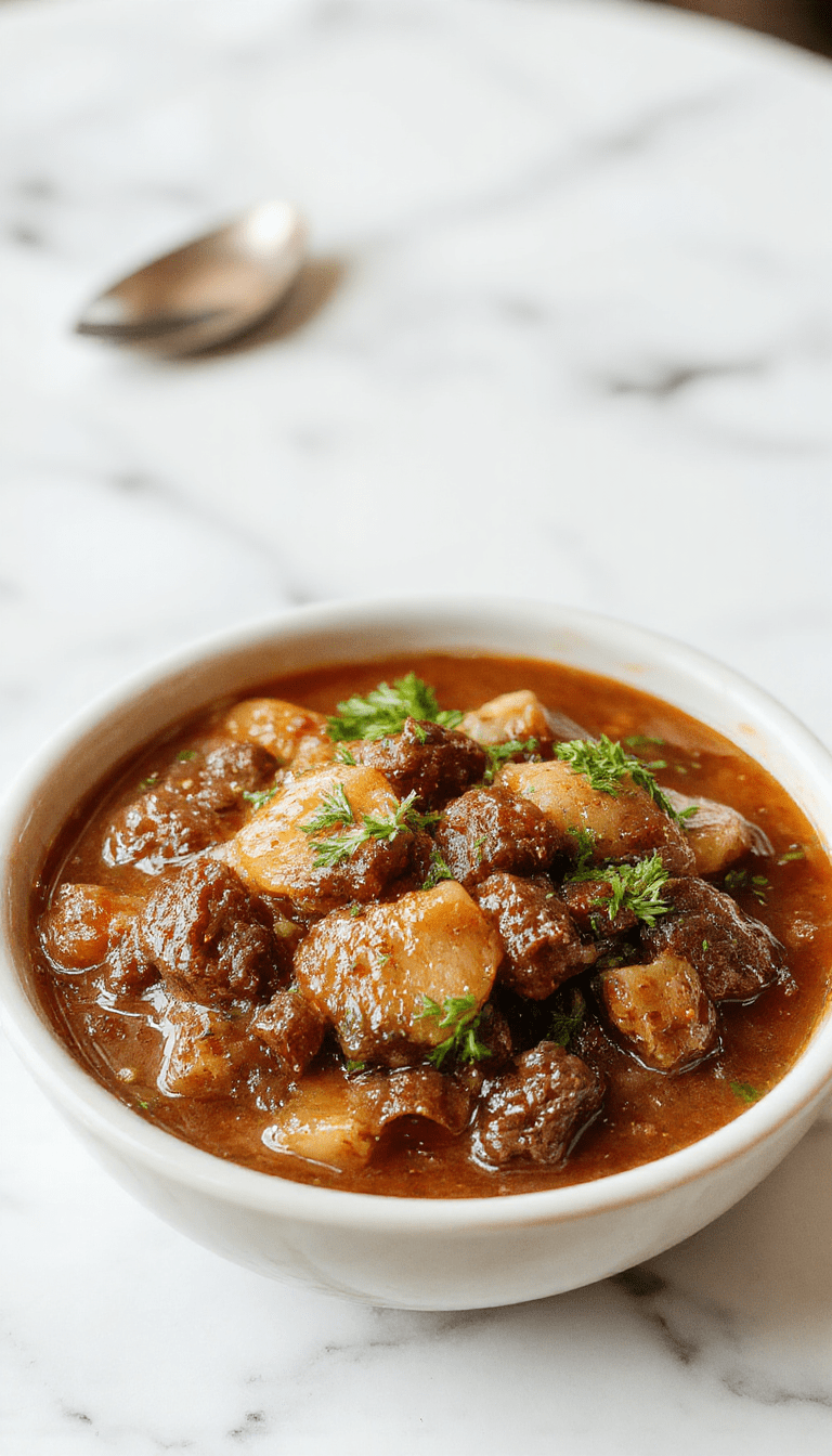 A rustic white bowl filled with tender chunks of beef, carrots, potatoes, and celery in a rich, steaming dark beef gravy. The stew sits on a wooden table, garnished with fresh herbs, surrounded by a cozy autumn-themed setting with warm lighting and a spoon resting beside the bowl.